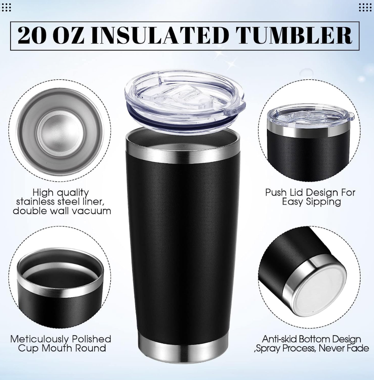 20oz Black Tumbler Stainless Steel for Laser Engraving, UV DTF, Epoxy Resin