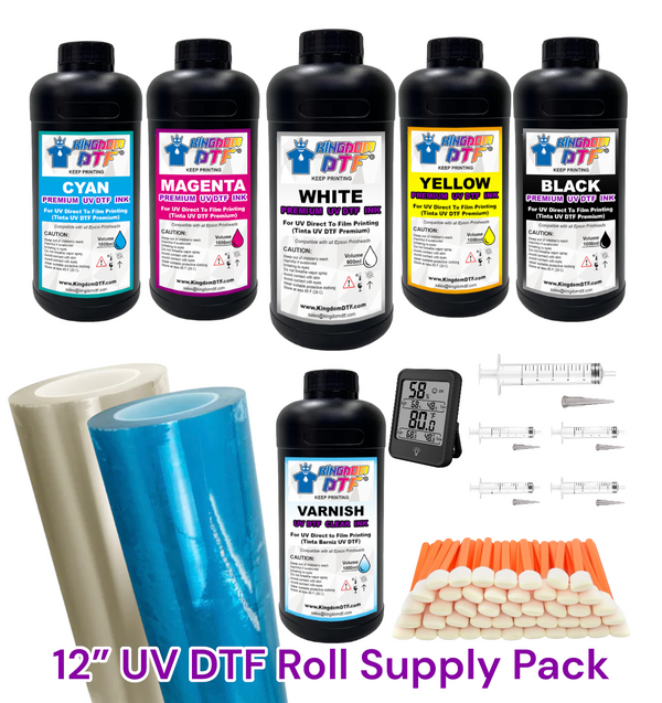 Kingdom DTF Full UV DTF Supply Pack 12" - UV DTF Ink Liters, UV DTF Film Roll, Humidifier Monitor