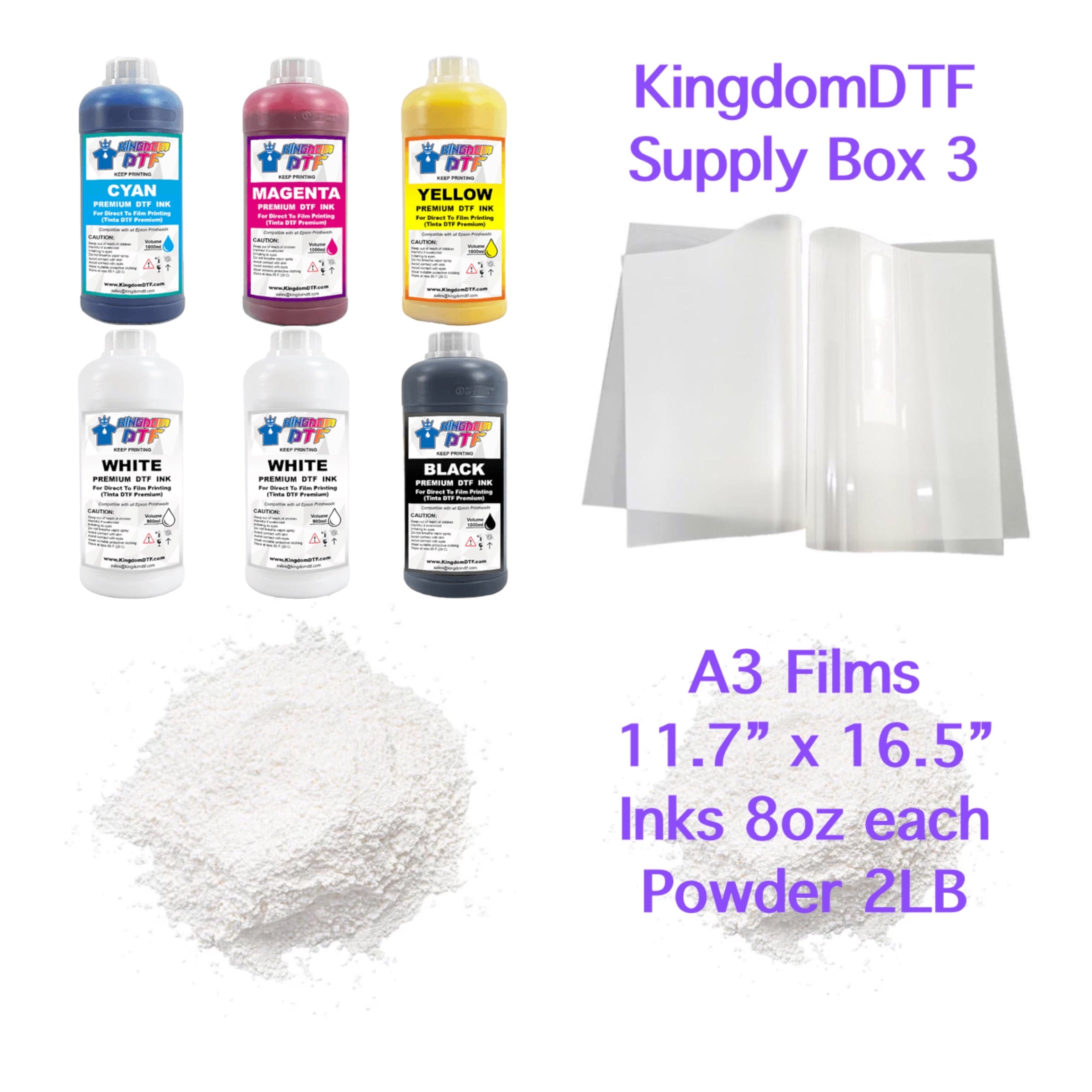Kingdom DTF Supply Box 3 - DTF Inks, DTF Films, DTF Powder 2LB