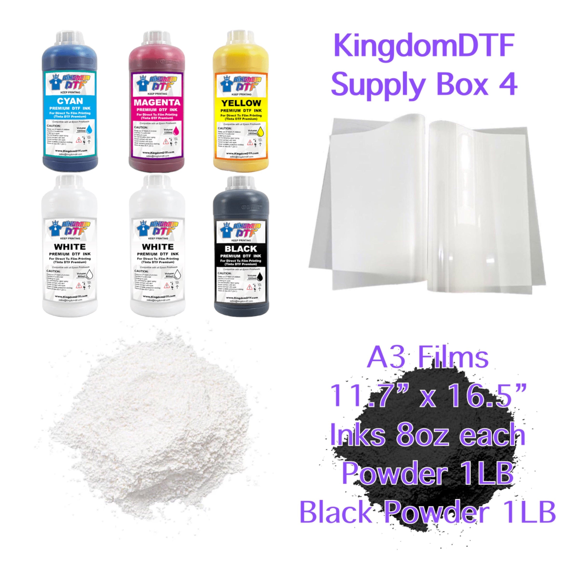 Kingdom DTF Supply Box 4 - DTF Inks, DTF Films, DTF Powder White & Black