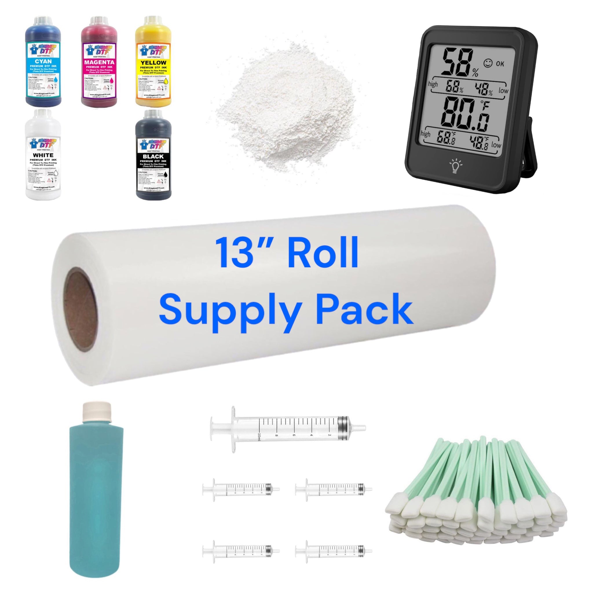 Kingdom DTF Full Supply Pack 13" (A3+) - DTF Ink Liters, DTF Film Roll, DTF Powder, Humidifier Monitor, Cleaning Solution