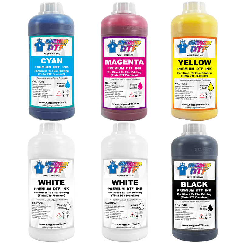 DTF Ink LITER Supply Pack (CMYK + 2 WHITE) - Direct To Film Ink LITERS –  Kingdom DTF
